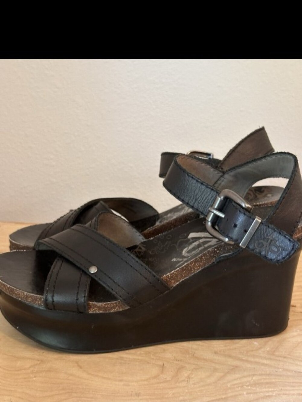 OTBT Black Leather Platform Wedge Sandals